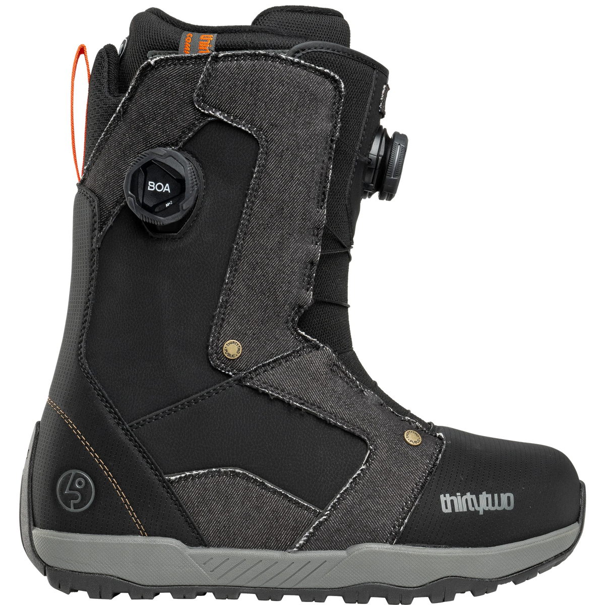 ThirtyTwo STW Double BOA x Public snowboard boots in black denim with dual BOA lacing system
