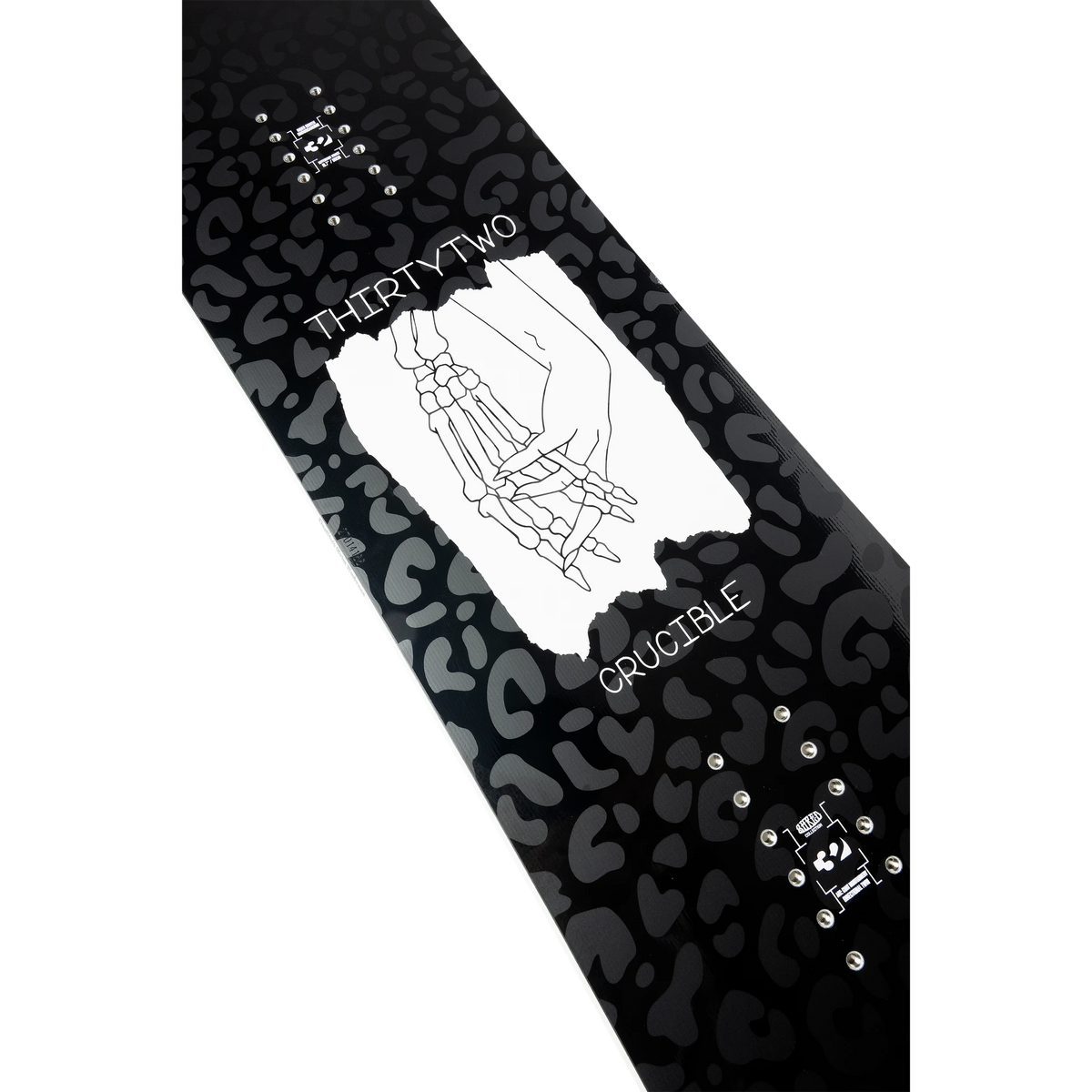 ThirtyTwo women’s Crucible snowboard, full board view with branded graphic design and snowboard bindings mounting area
