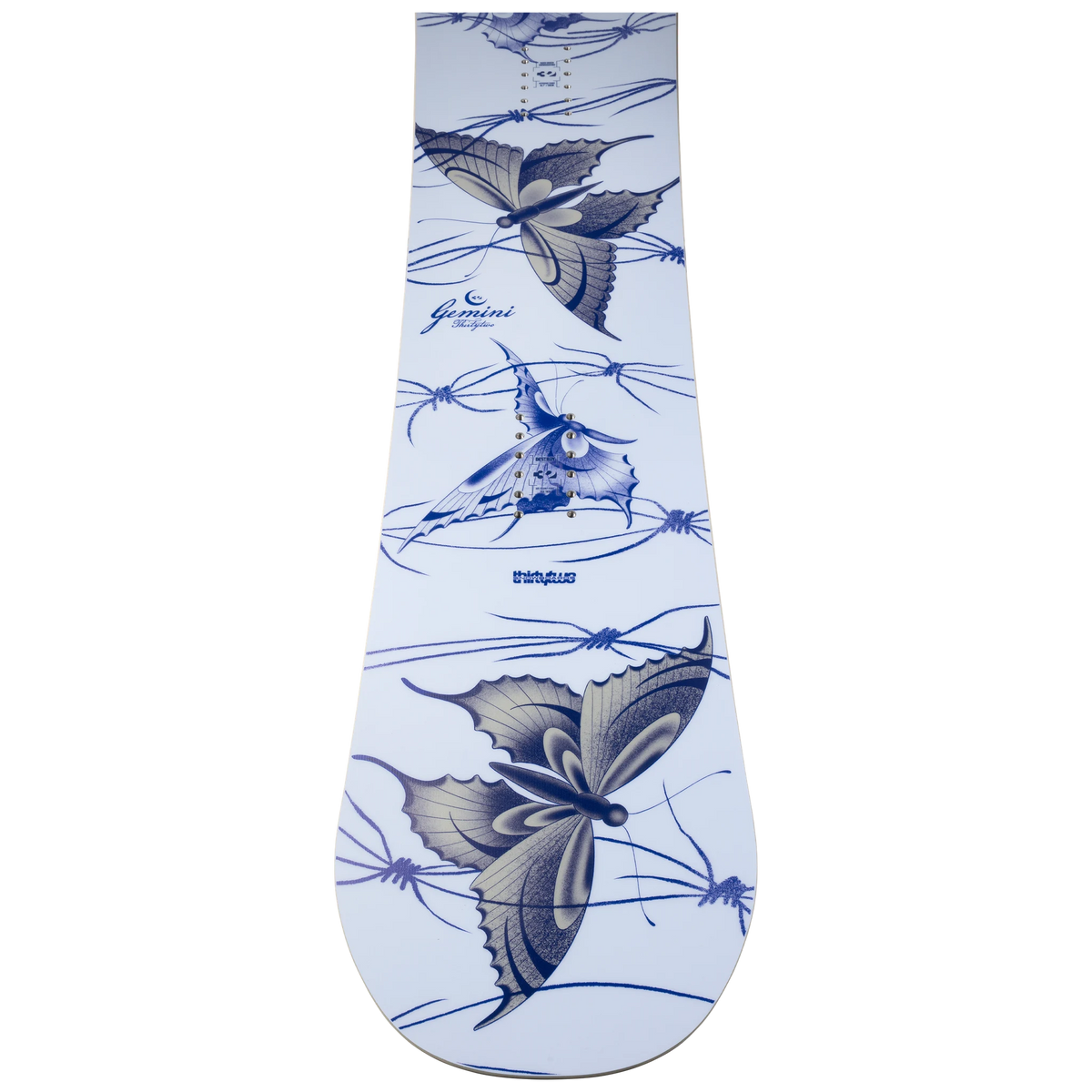 ThirtyTwo Women’s Gemini snowboard side view with graphic design and cambered profile