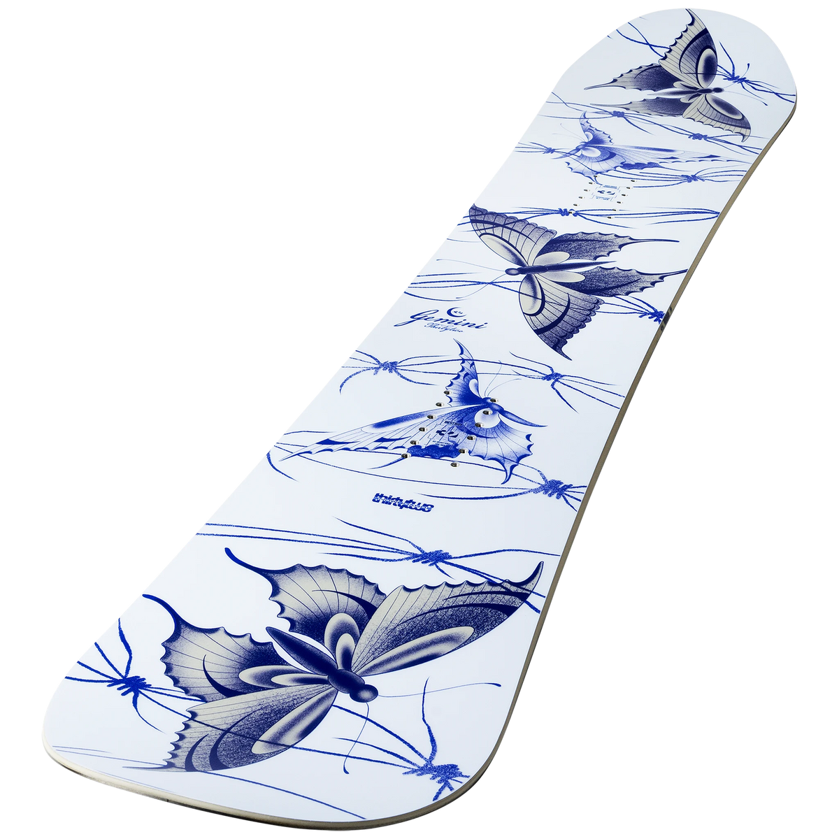 ThirtyTwo women’s Gemini snowboard, angled view of the board with graphic design and bindings revealed
