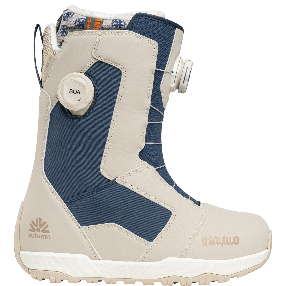 ThirtyTwo women’s STW Double BOA snowboard boots in tan and blue, side view