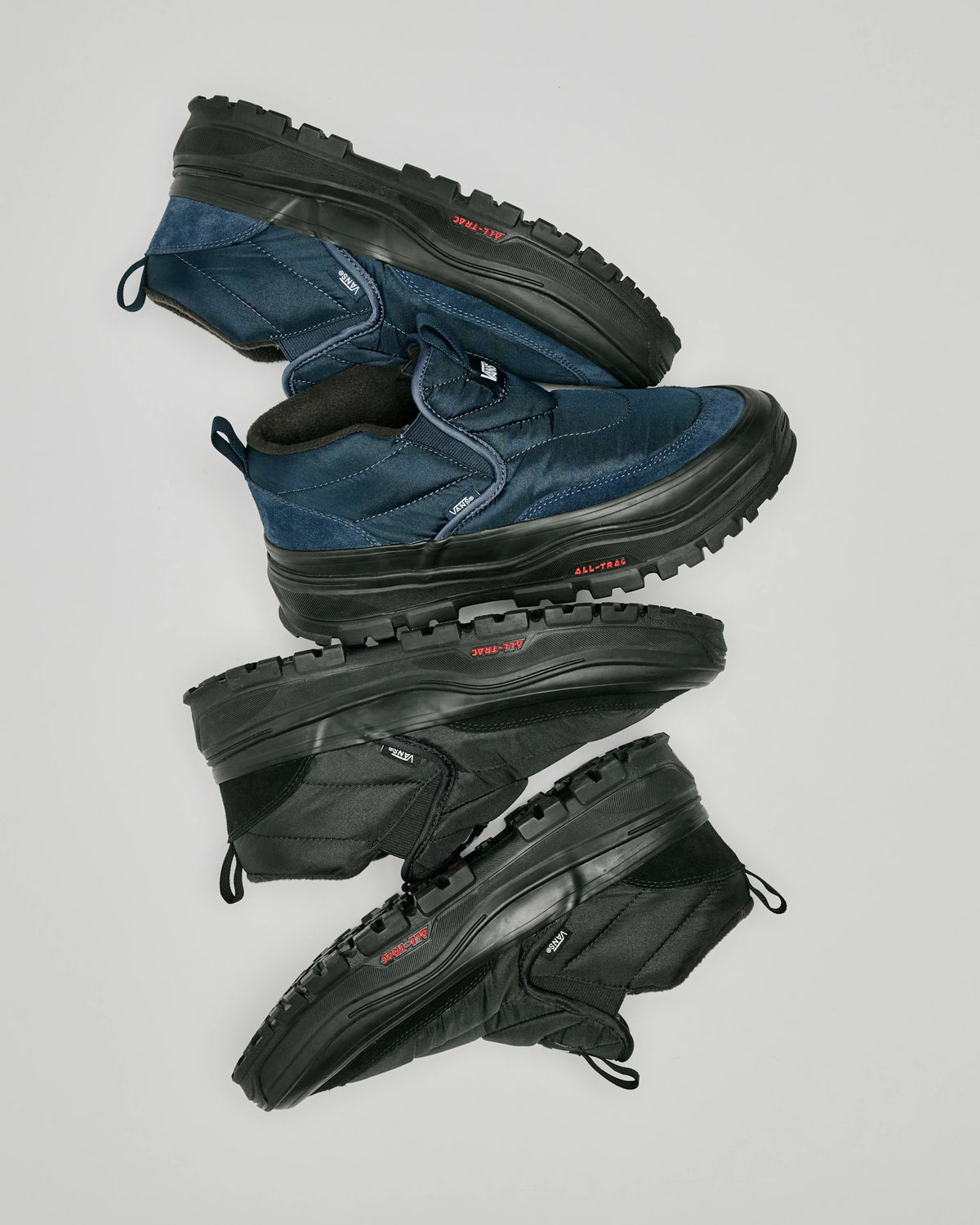Vans Mid-Slip Puff Shoes - Black / Black - stacked Black and True Navy colorways campaign photo