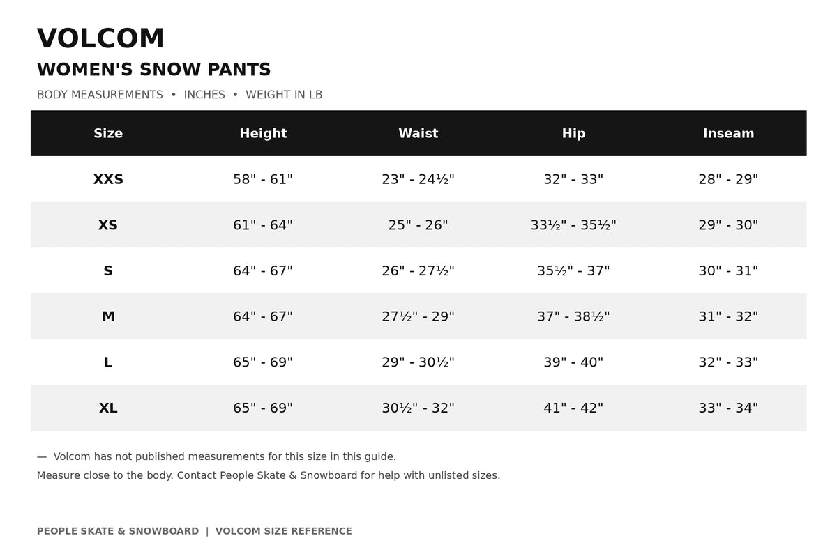 Volcom women’s Liftline 20K snow pants size chart in black for 2027 ski and snowboard apparel