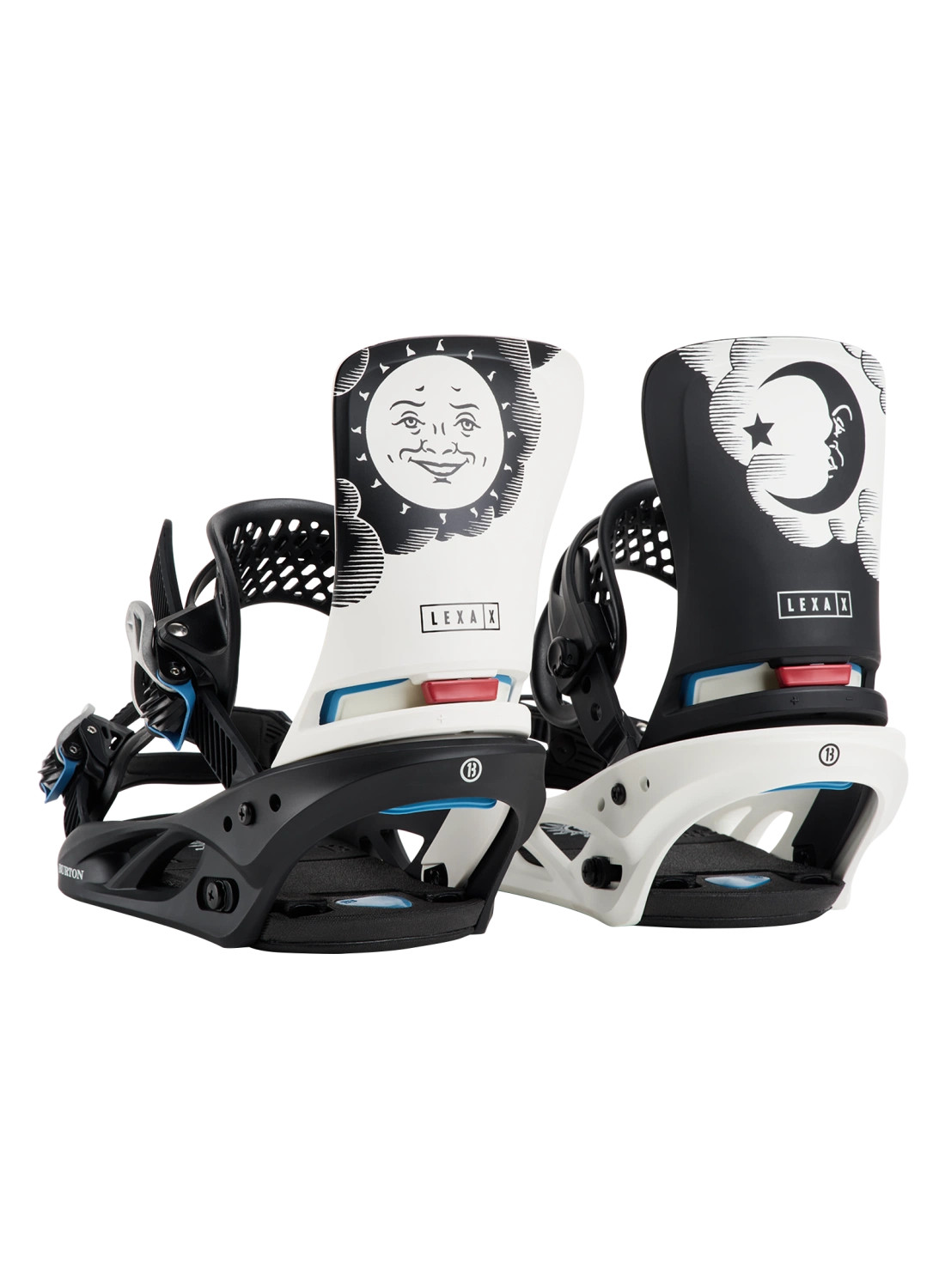 Burton 50th Lexa X women's snowboard bindings in black and white, featuring adjustable straps and twin design for versatile snowboarding.