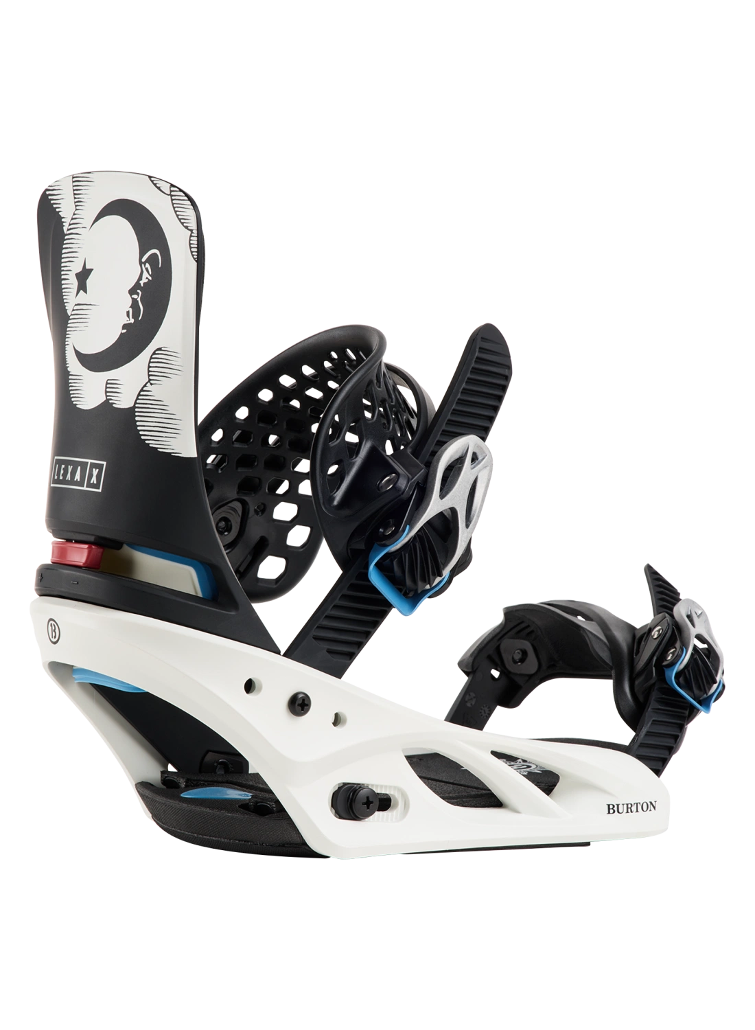 Burton 50th Lexa X women's snowboard bindings in black with silver accents, 94mm twin design, side view showing straps and highbacks.