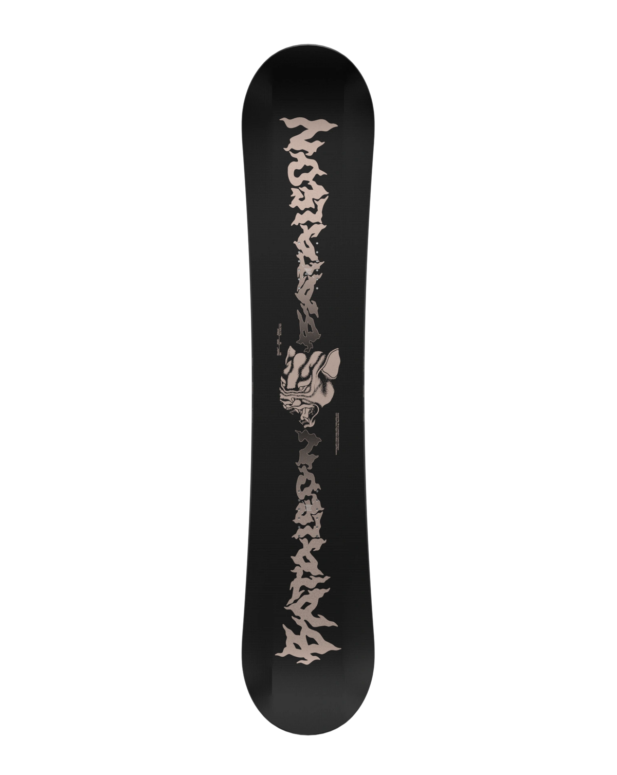 Top view of the Bataleon Disaster+ snowboard for men, displaying its graphic design and construction for snowboarding.