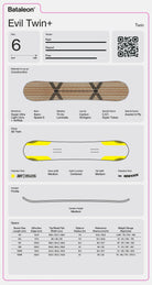 2027 Bataleon Evil Twin+ snowboard for men, showing the top and side view with graphic design and binding mounting areas.