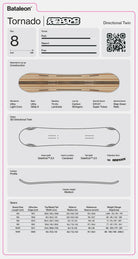 2027 Bataleon Tornado X Beyond Medals men's snowboard with design details and specifications on a white background.