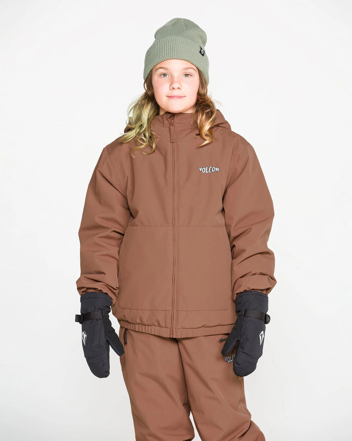 Volcom Kids' Chaos insulated snow jacket in desert taupe, front view