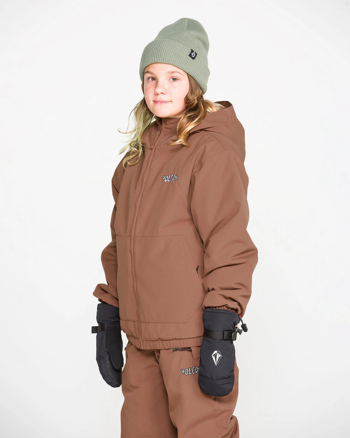 Volcom Kids’ Chaos insulated snow jacket in desert taupe, front view