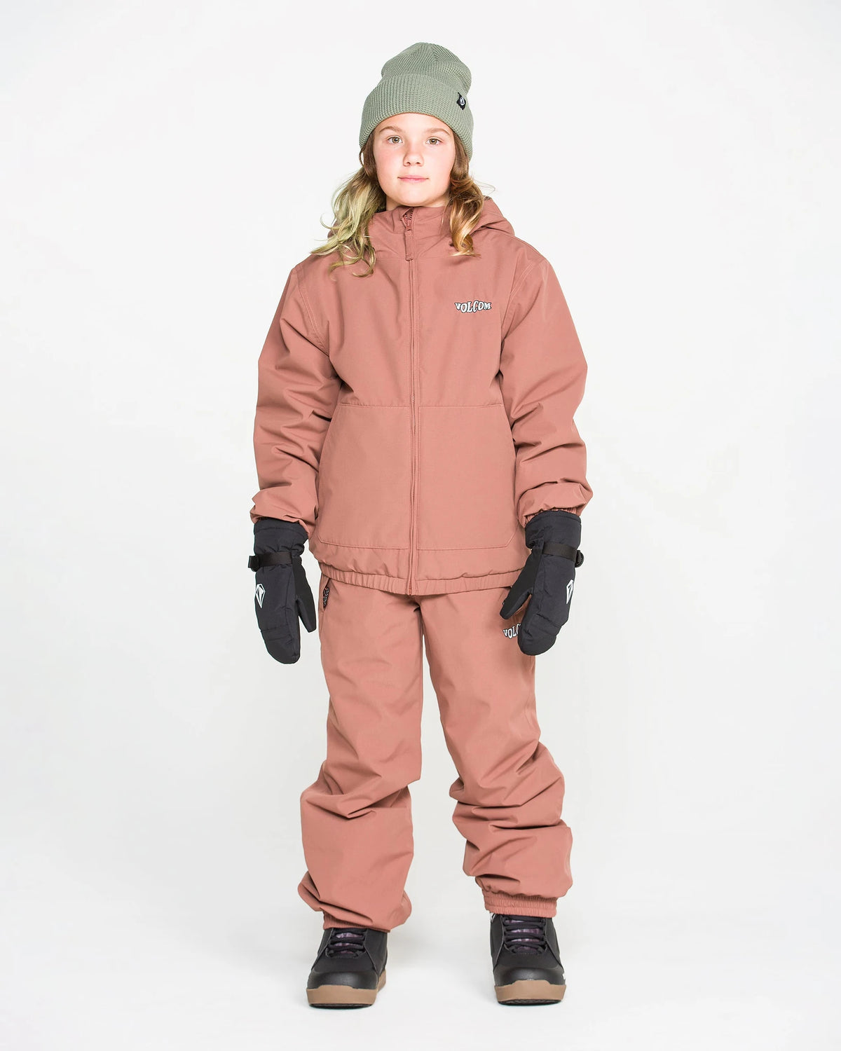 Volcom Kids’ Chaos insulated snow jacket in desert taupe, front view