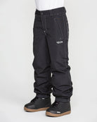 Volcom Kids' Chaos insulated snow pants in black, side view with adjustable waistband and reinforced knees