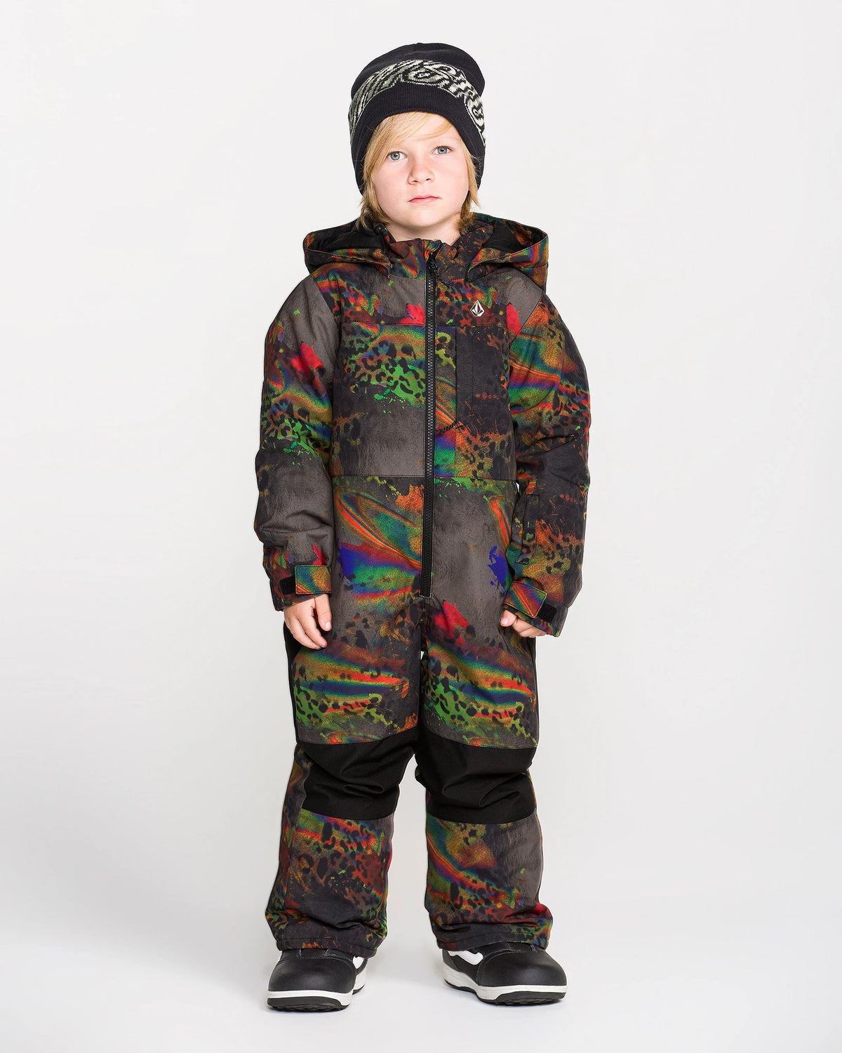 Volcom Kids' Little Flurry one-piece snowsuit in cheetah print, full-body youth snowwear view