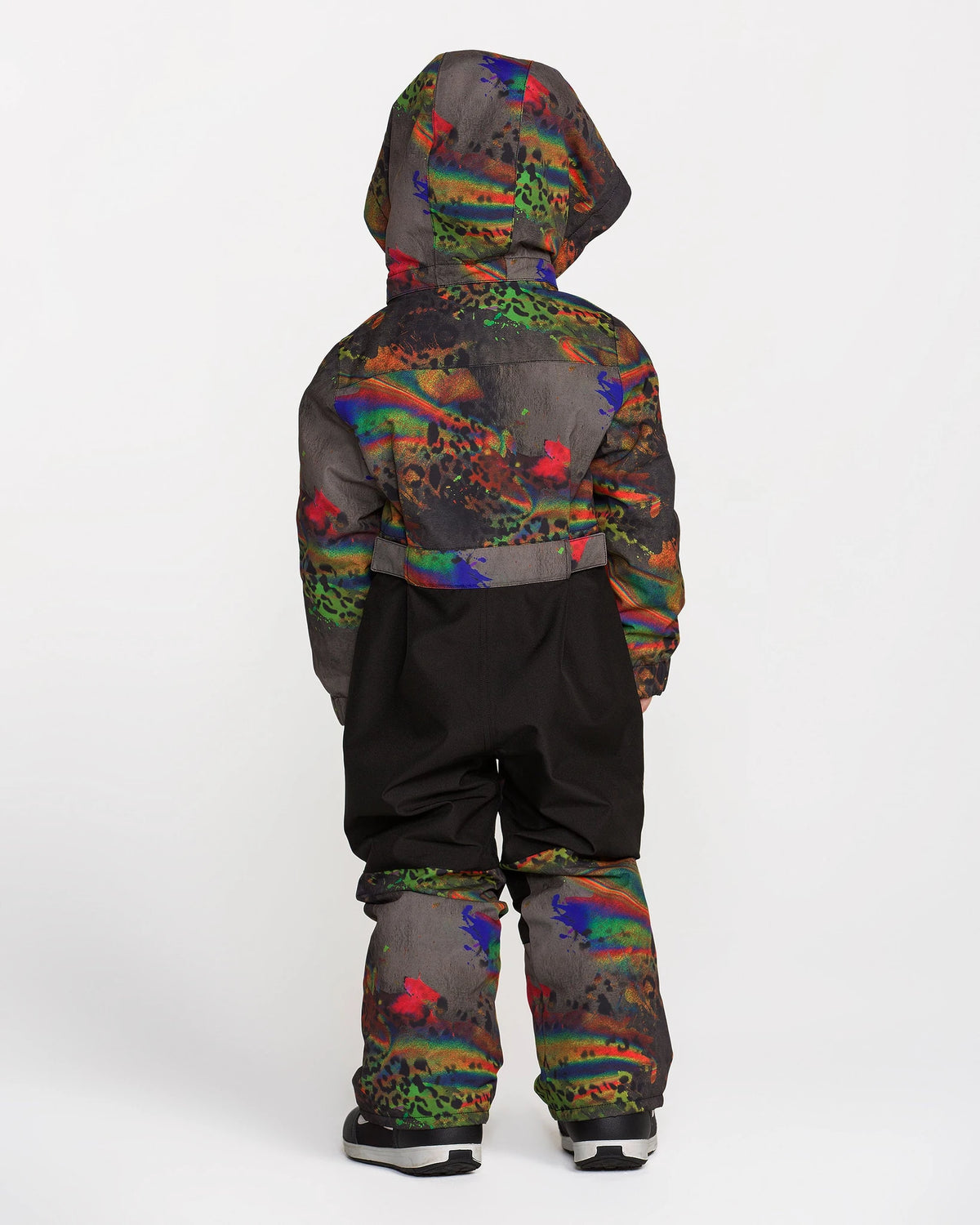 Volcom kids' Little Flurry one-piece snowsuit in cheetah print, full-body winter snow gear