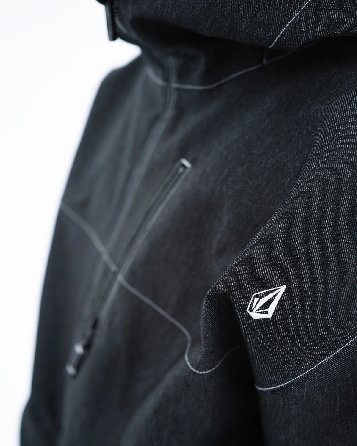 Volcom men's Top Stitch snow jacket in black denim, front view