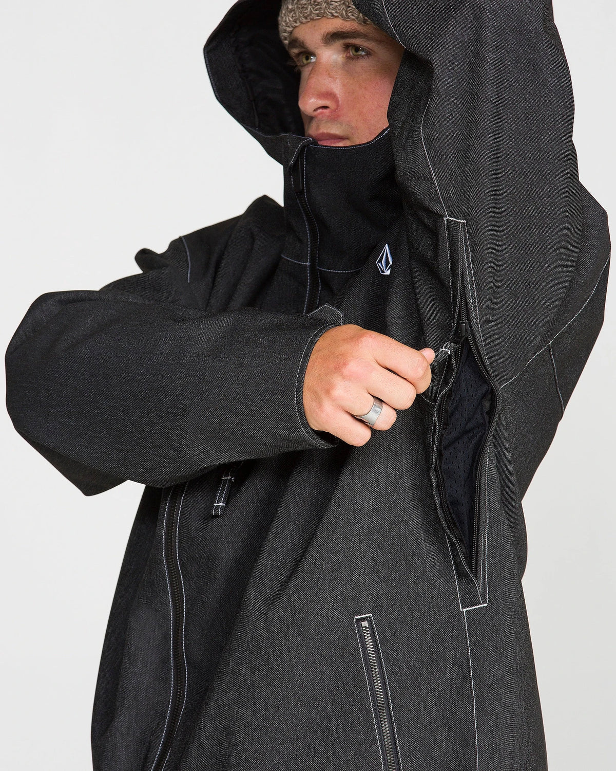 Volcom men's Top Stitch snow jacket in black denim, front view with hood and zip closure