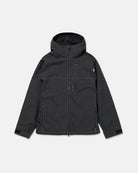 Volcom men's Top Stitch snow jacket in black denim, front view with hood and zip closure