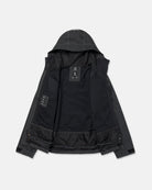 Volcom Men's Top Stitch Snow Jacket in Black Denim, front view with hood and zip closure
