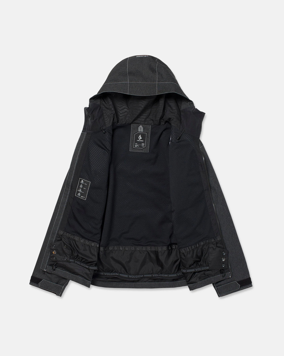 Volcom Men's Top Stitch Snow Jacket in Black Denim, front view with hood and zip closure