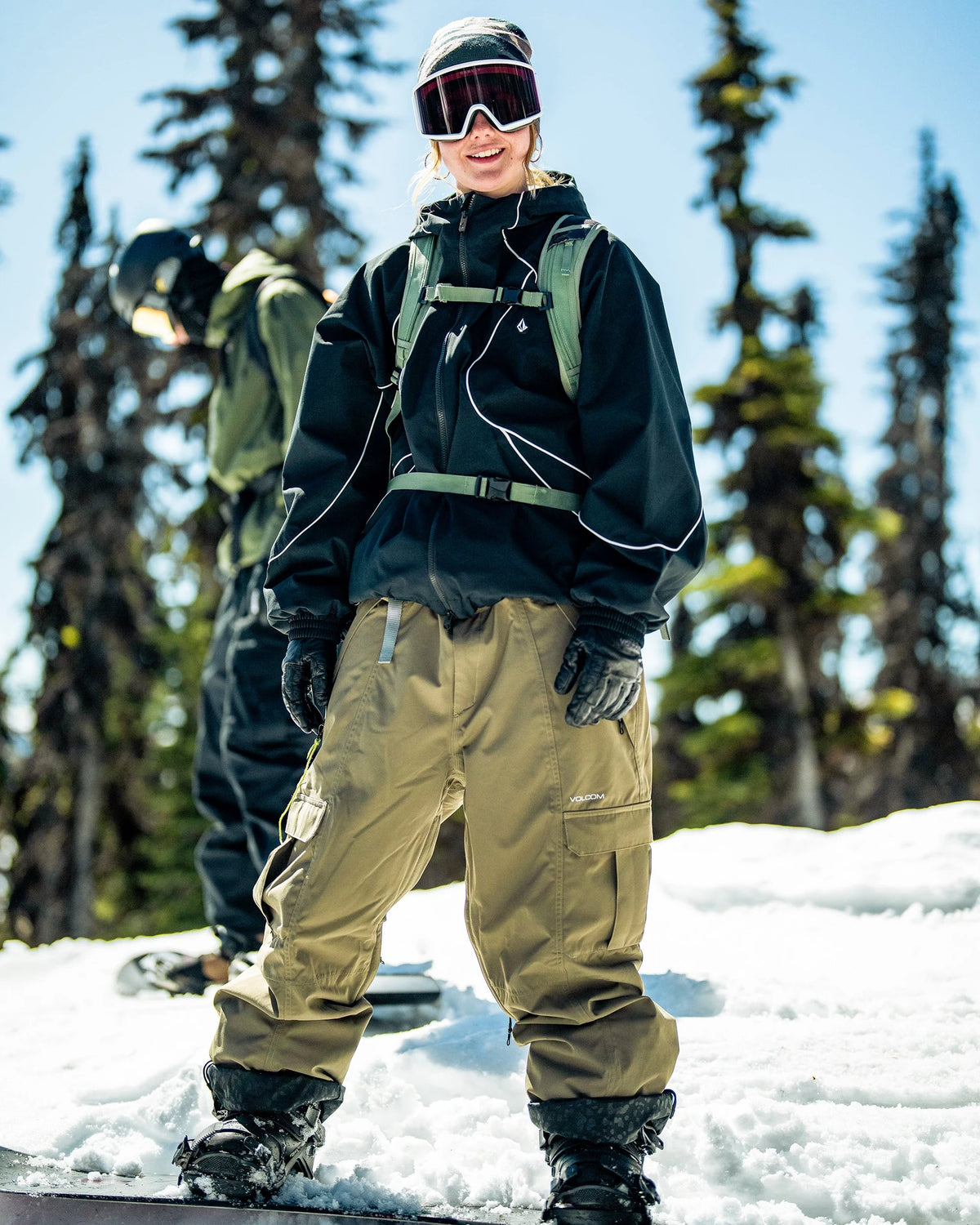 Volcom Liftline 20K snow pants in teak, unisex mountain lifestyle view