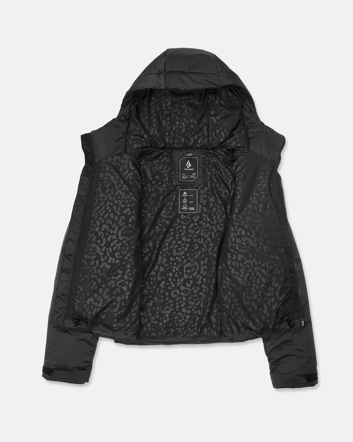 Volcom women's Avalon Puff snow jacket in black, front view