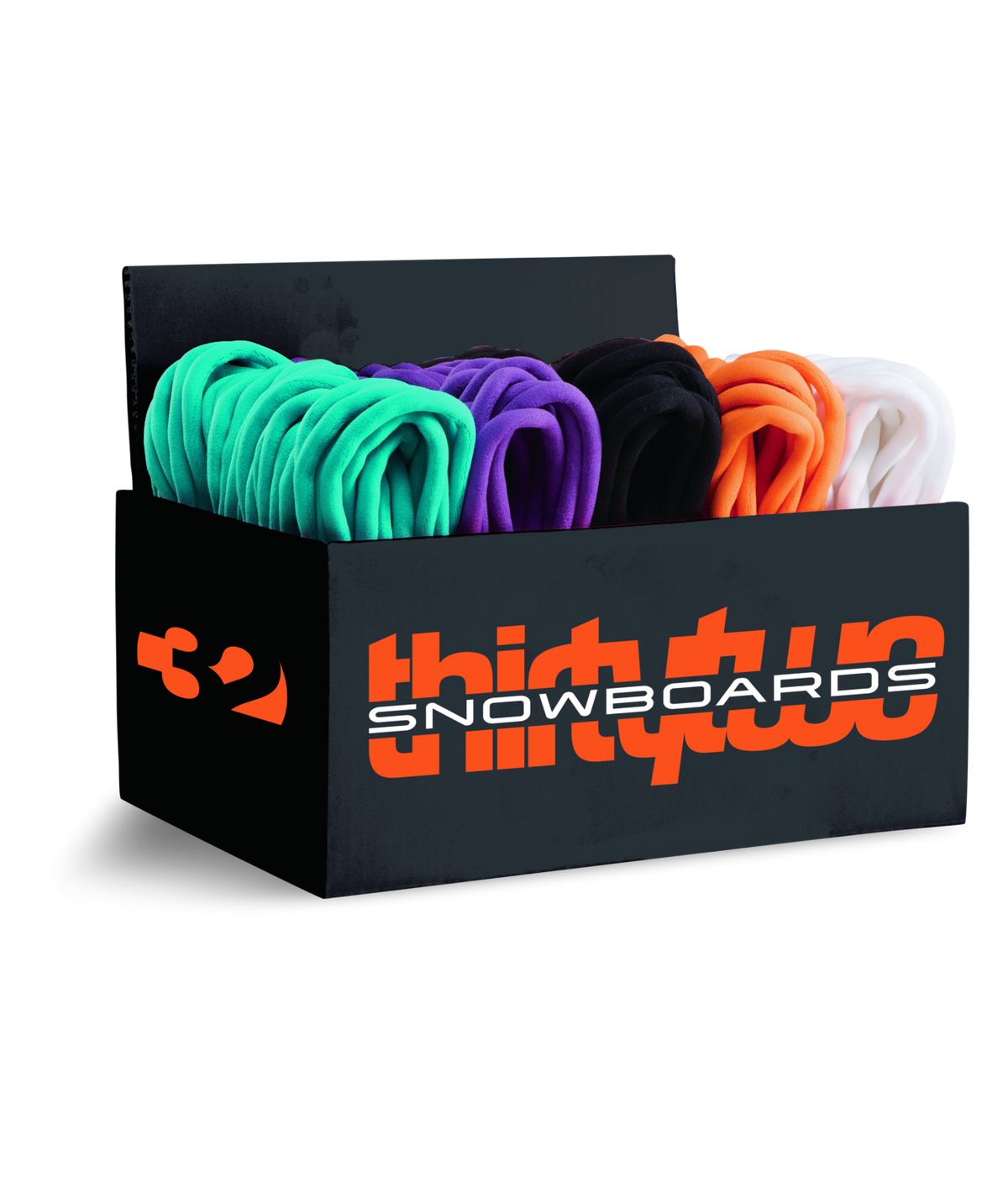 ThirtyTwo replacement snowboard boot laces pair in assorted colors displayed in a box