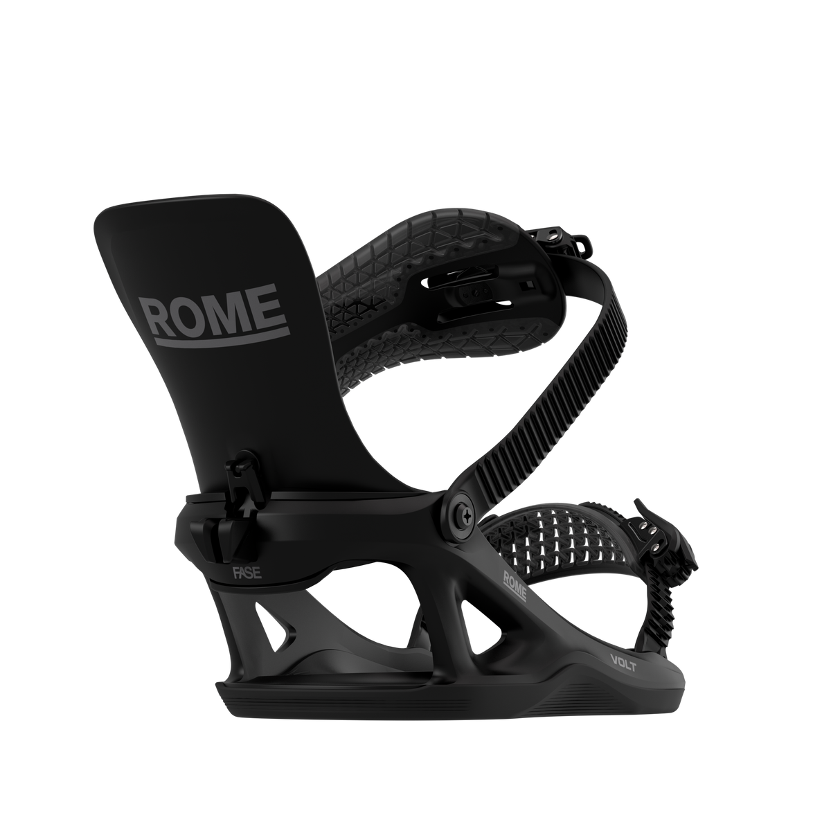 Rome Volt FASE snowboard bindings for men, black, with open high-back design, durable hardgoods for snowboarding.