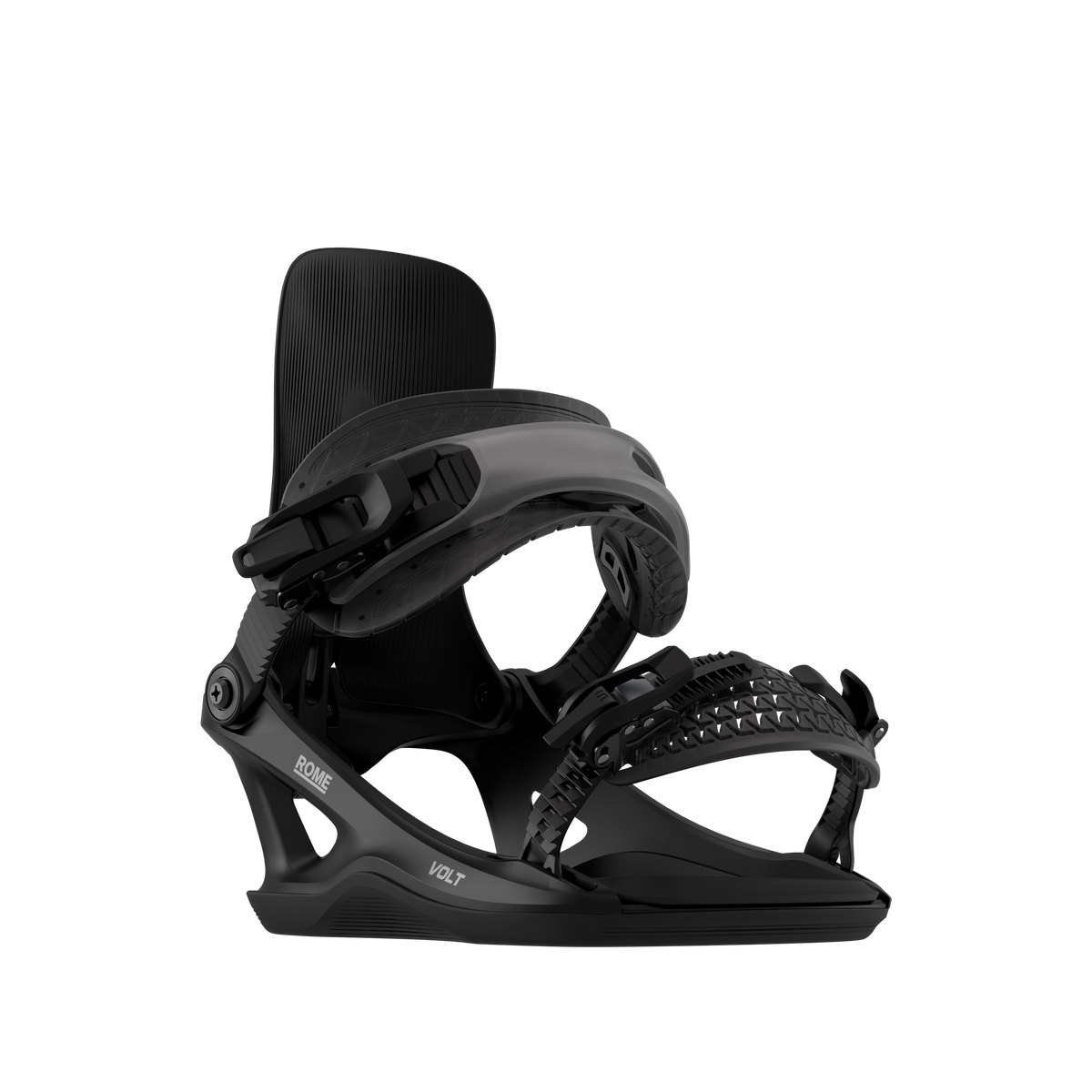 Rome Volt FASE snowboard bindings for men in black, featuring adjustable straps and durable construction for snowboarding.
