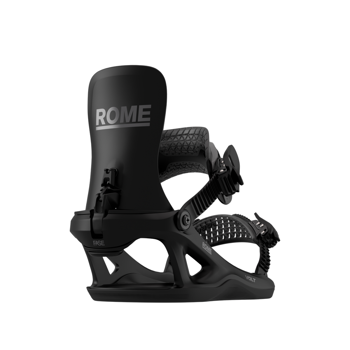 Rome Volt FASE Snowboard Bindings for men in black, featuring a sturdy hardgoods design with adjustable straps and high-performance features.
