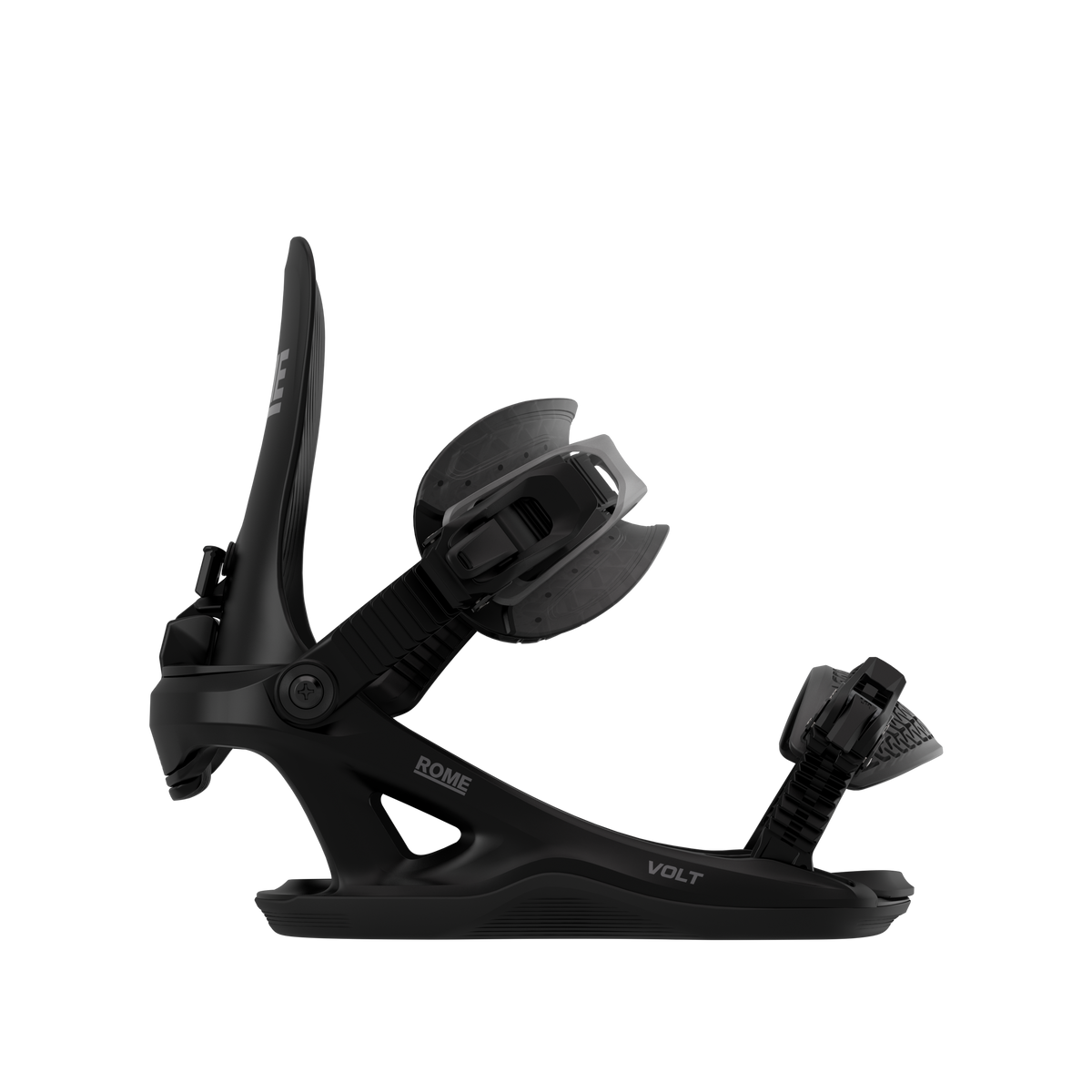 Rome Volt FASE Snowboard Bindings for men in black, showing side and angle views of the sturdy snowboard binding design.