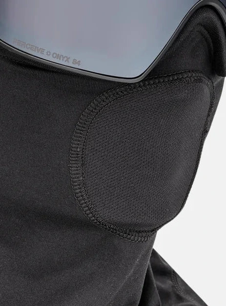 Black ski mask neck gaiter with an integrated black ski/goggle strap, featuring the 'anon.' and 'MFI' logos, shown with a dark mirrored lens on a light gray background.