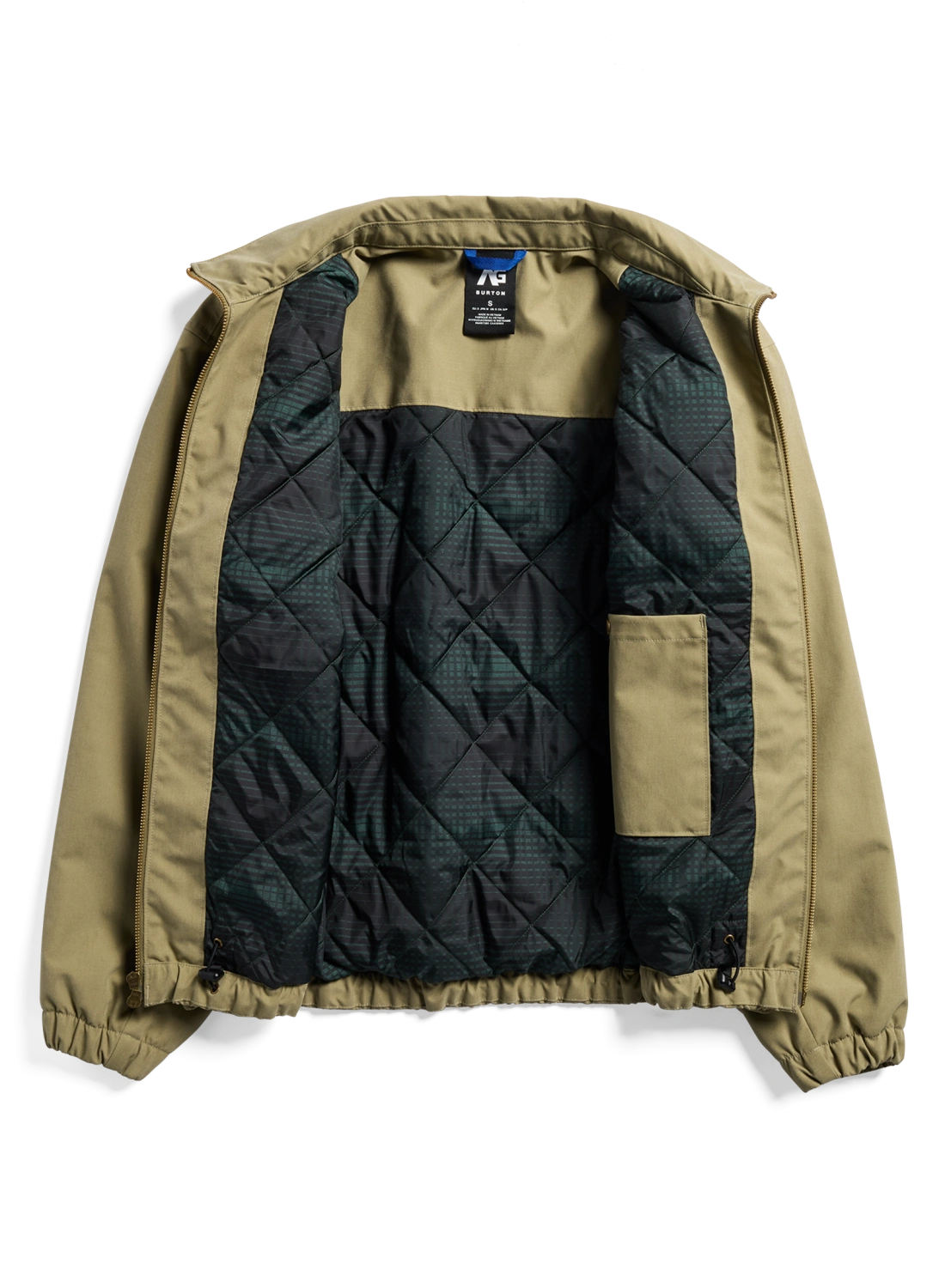 Interior view of Burton AG Dirtshift men's beige snow jacket, showcasing softgoods and jacket lining details.