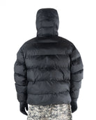 Back view of Howl Supply black puffy men's snow jacket, insulated softgoods with a quilted design and hood for cold weather.