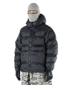 Men's black Howl Supply puffy jacket with a front view, showcasing its quilted design and insulated softgoods for cold weather wear.