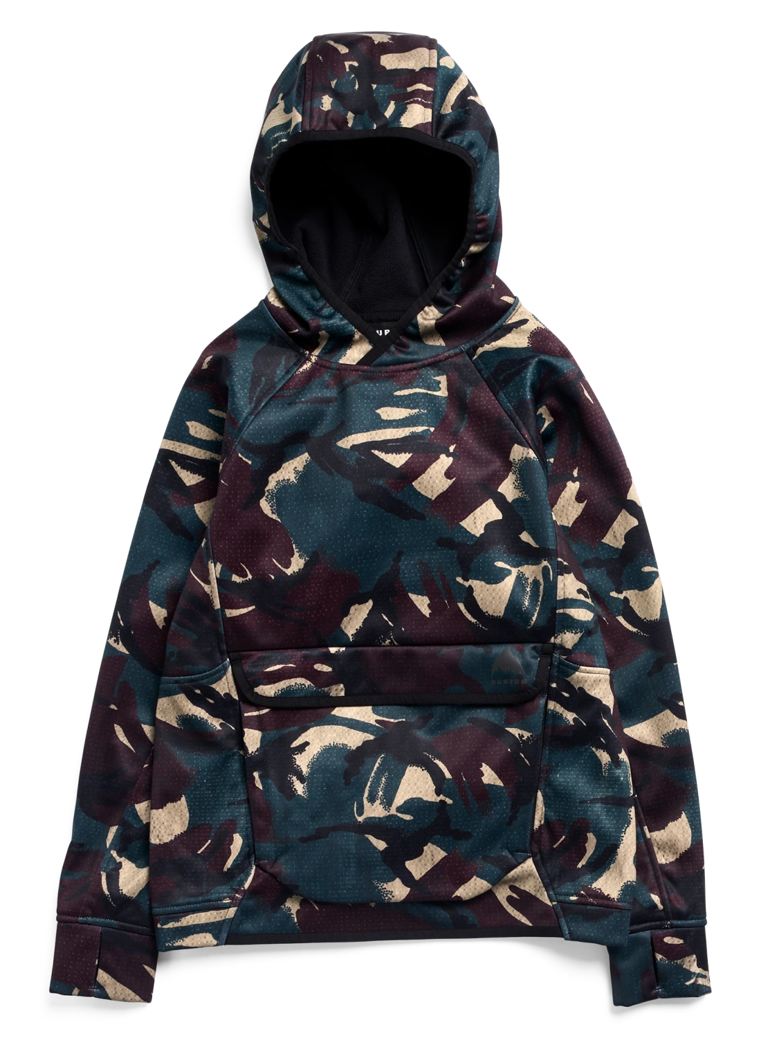 Kids' Burton Crown Weatherproof riding pullover hoodie in seersucker camo, designed for snow and outdoor winter activities.