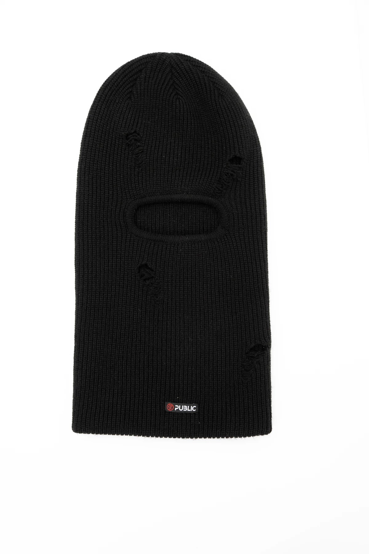 Public Snowboards distressed black balaclava for snow sports, showing front view with textured, rugged fabric and face coverage.