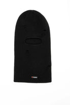 Public Snowboards distressed black balaclava for snow sports, showing front view with textured, rugged fabric and face coverage.