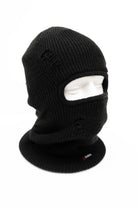 Public Distressed Black Balaclava worn on head, snow accessory for face protection by Public Snowboards.