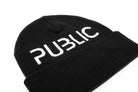 Black Public Logo Cuff Beanie featuring the Public Snowboards logo, made of soft knit material for warmth and style.