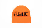 Orange Public Snowboards logo cuff beanie, cozy knit accessory featuring a folded cuff and branded logo on the front.
