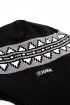 Public Nordic Earflap Beanie in black with pattern detail, made by Public Snowboards, designed for warmth and style.