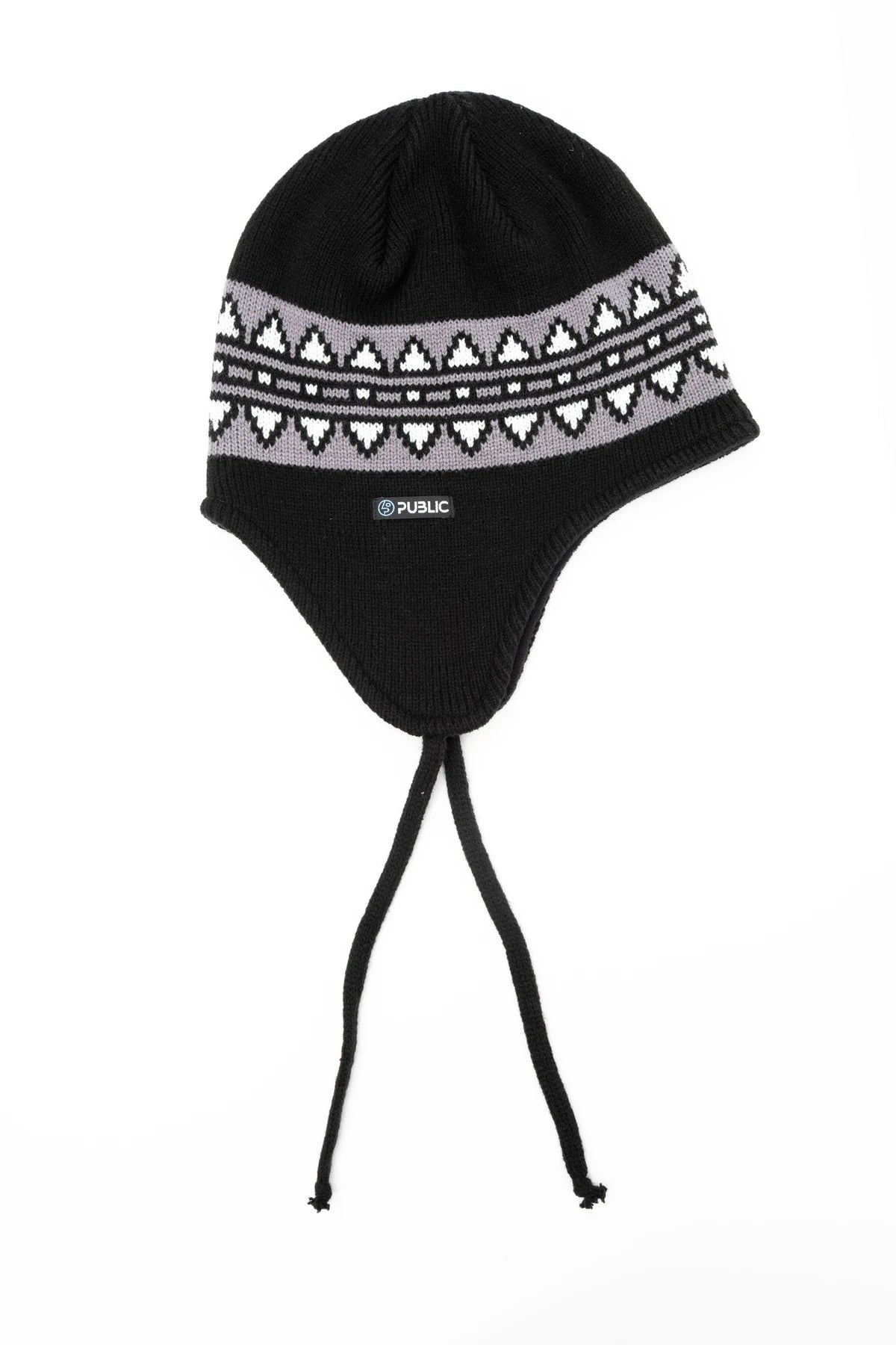 Public Nordic earflap beanie in black, featuring earflaps and a snug fit, designed by Public Snowboards for warmth and style.