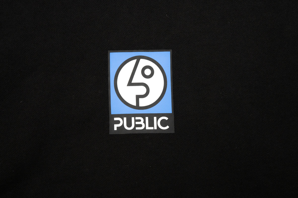 Black Public Snowboards Box Logo men's hoodie with front logo design and comfortable fleece material.