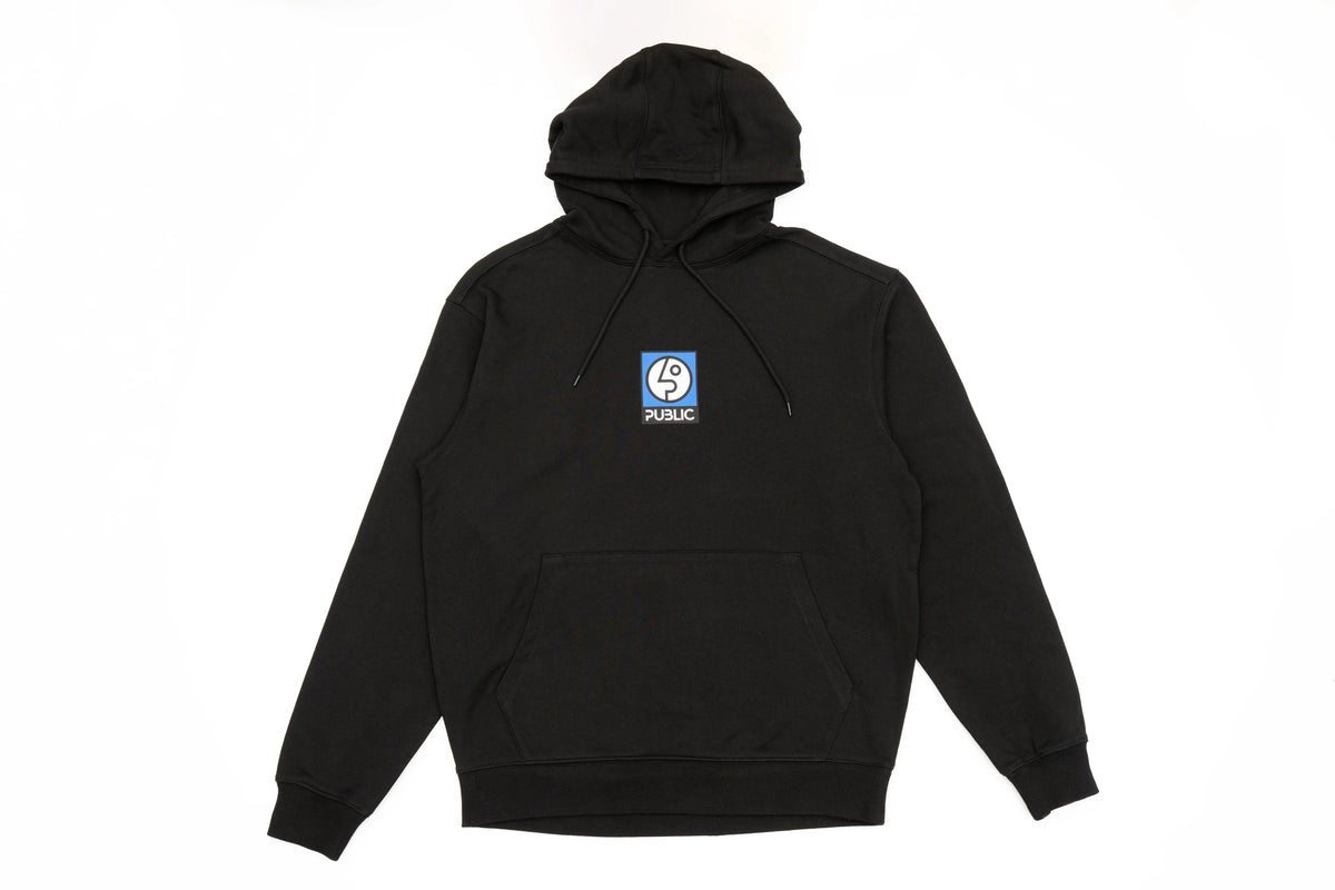 Black Public Snowboards box logo men's hoodie featuring a front logo design and a comfortable sweatshirt fit.