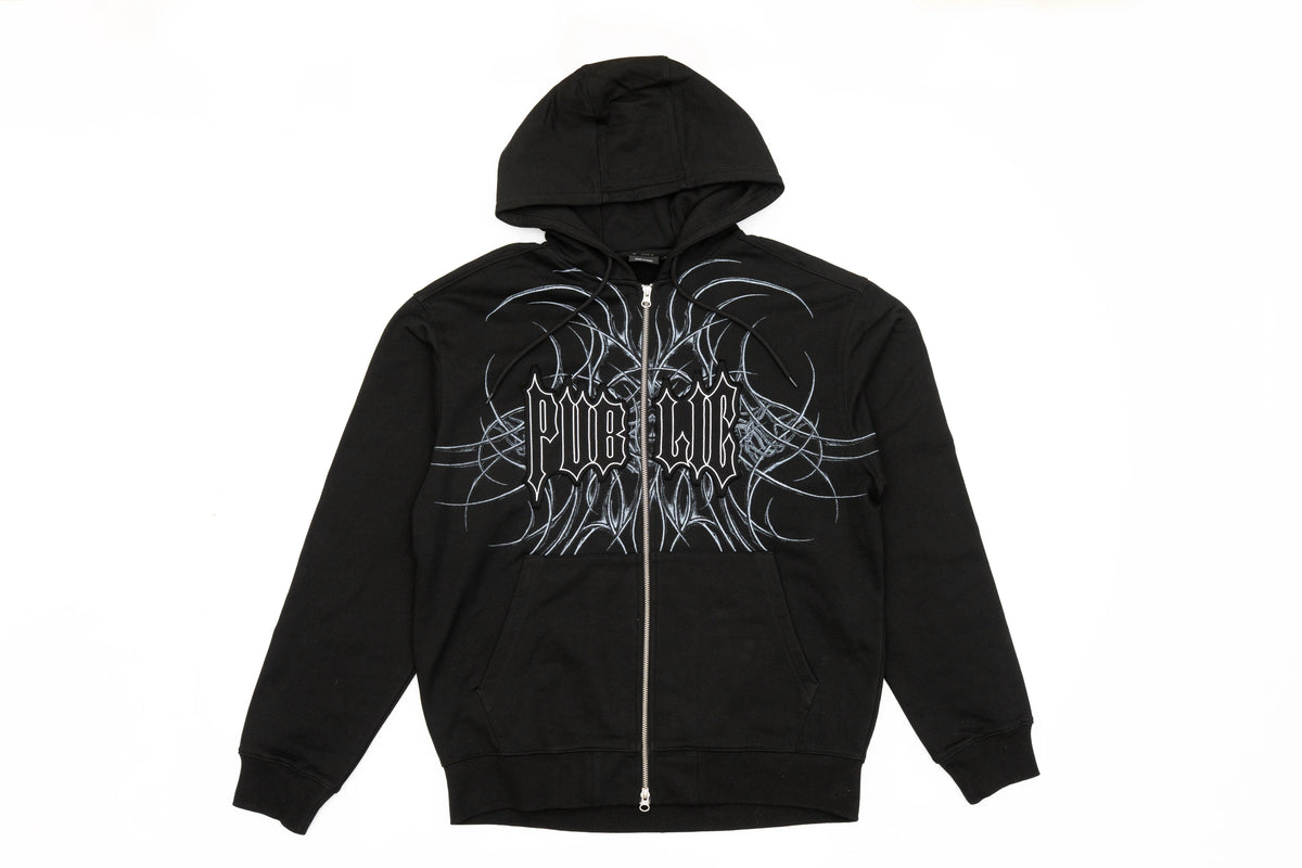 Black men's zip-up hoodie from Public Snowboards, featuring a front view with a casual, comfortable fit.
