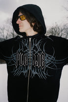 Black men's zip-up hoodie from Public Snowboards, featuring a casual fit and front pockets, ideal for everyday wear.