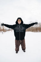 Black men's zip-up hoodie from Public Snowboards, featuring a casual fit and front pockets, ideal for everyday wear.