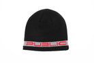 Public Snowboards Public Stretch Logo Skully Beanie in black and red, featuring a stretchy fit and bold logo on the front.