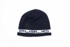 Navy Public Snowboards Stretch Logo Skully Beanie with white logo detail, cozy knit accessory for winter warmth.