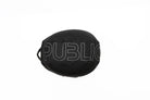 Black Public Tech Balaclava by Public Snowboards for snow face protection, featuring a logo at the top, designed for winter outdoor activities.